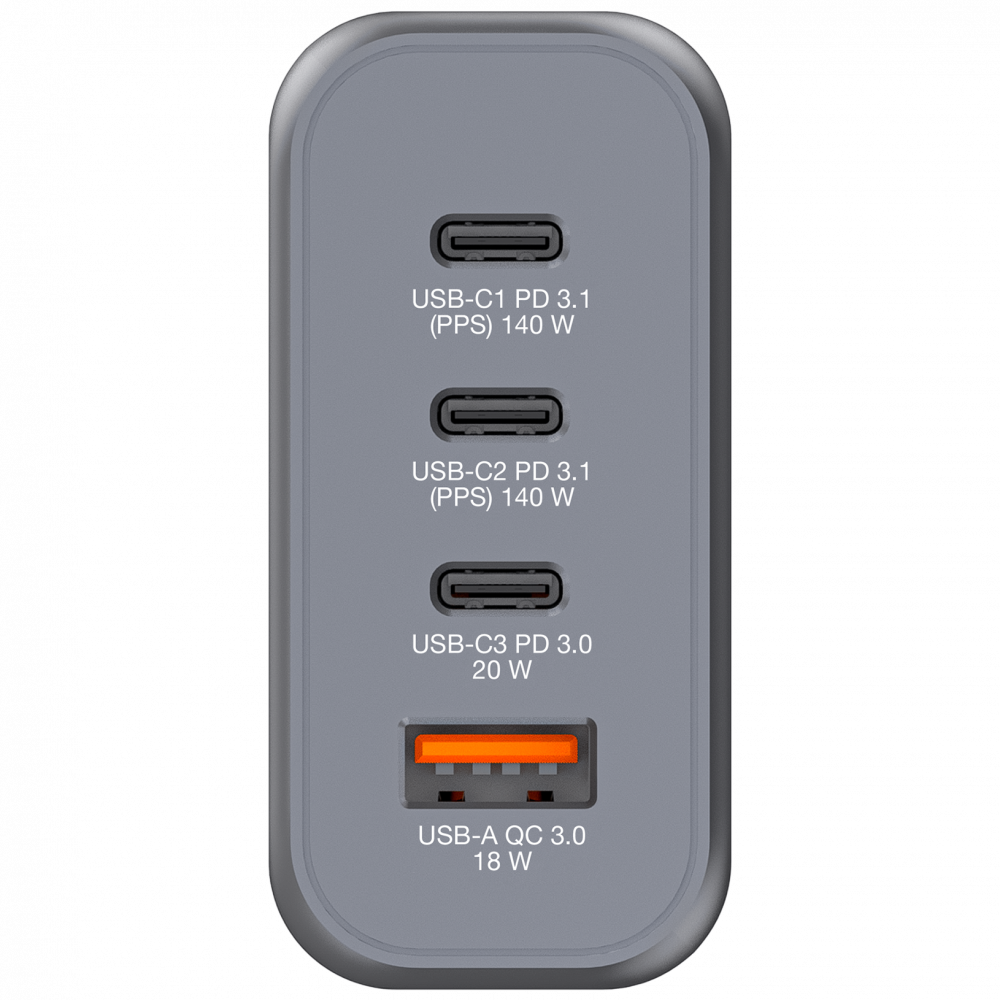 Cargador de pared GaN 140 W 4 puertos 2 x USB-C® PD 140 W / 1 x USB-C® PD 20 W / 1 x USB-A QC 3.0 (EU/UK/US)